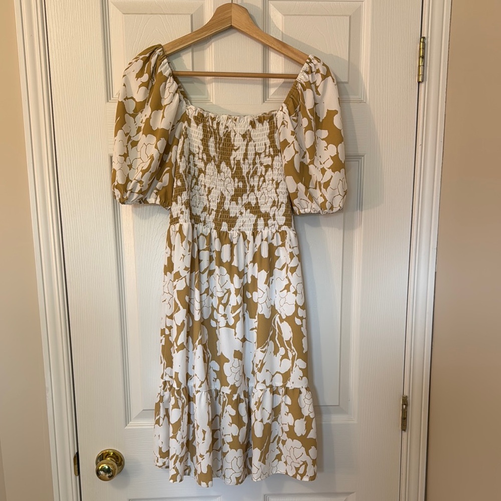 Mango Tan and White Ruffled Puff Sleeve Sundress